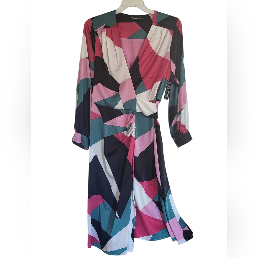 Geometric Print Wrap Dress in Pink & Teal